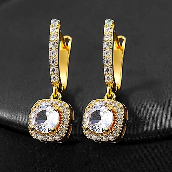 Gold Cubic Zircon Princess Square Cut Diamond Drop Dangle Earrings - Picture 1 of 4